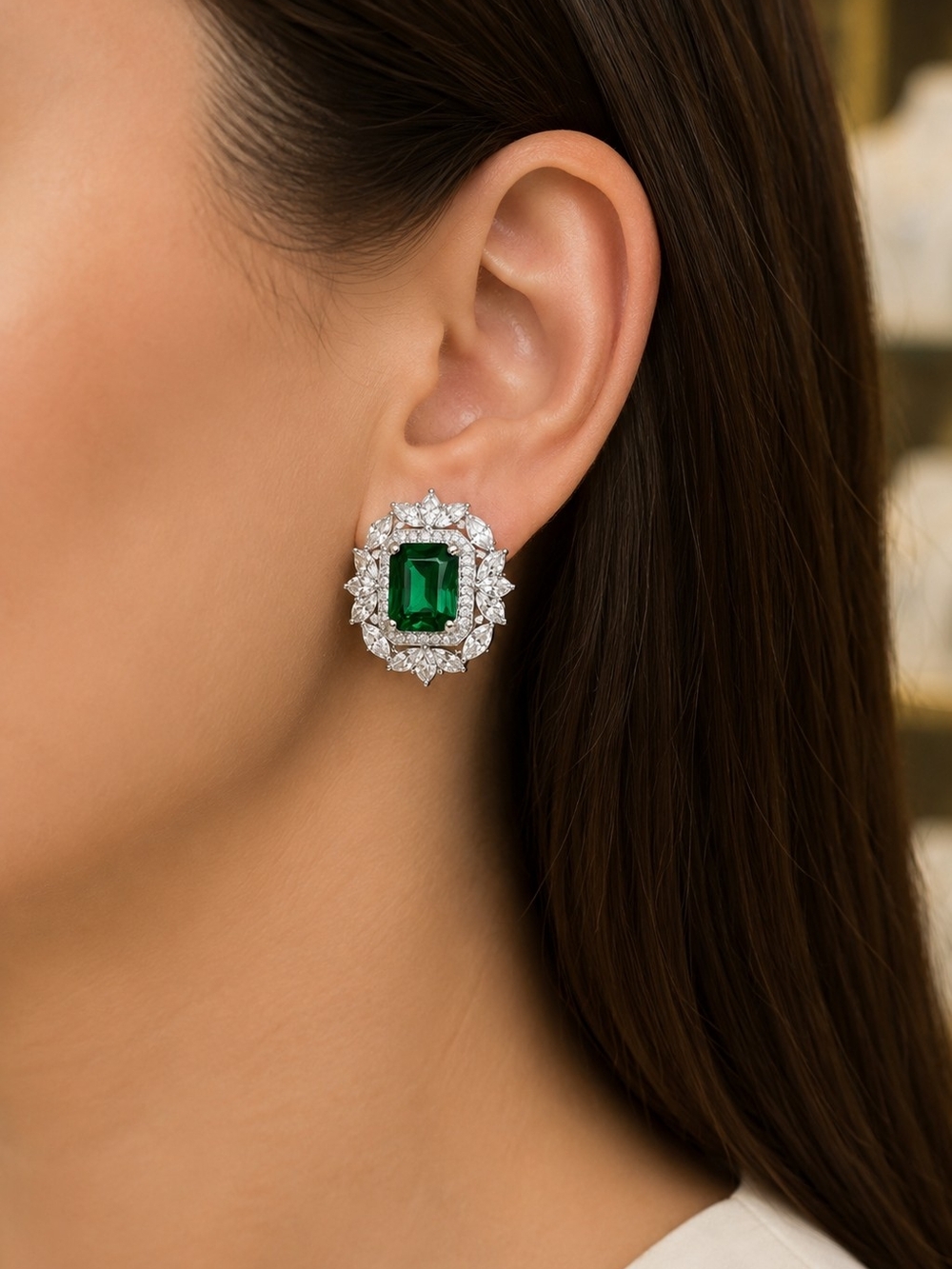 Green Emerald-Cut Halo Stud Earrings - Luxurious Classic